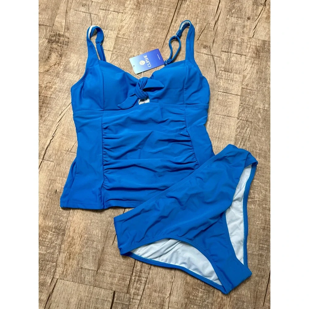Cupshe Blue Ruched Tie Front Tankini Swimsuit Set Womens Medium